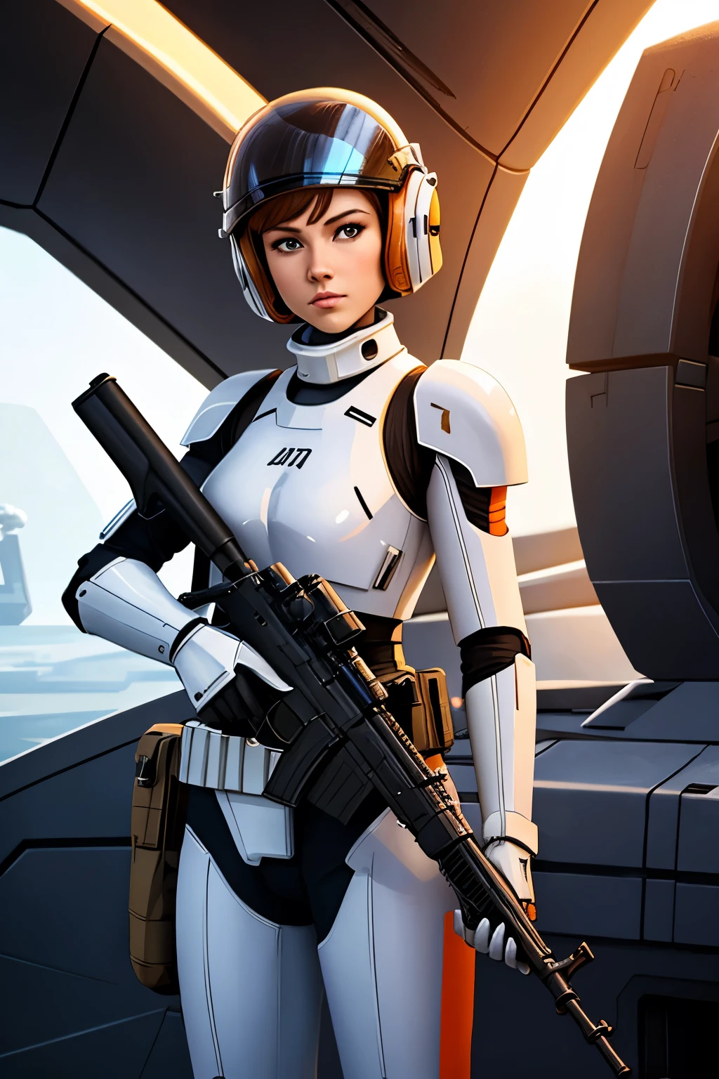 there is a woman holding a gun in front of a spaceship, hyperrealistic fantasy art, doom eternal, female stormtrooper, heaven planet in background, inspired by Jan Victors, in foreground boy with shotgun, orianna, grey orange, dune (2021) --ar 16:9 --v 5.1