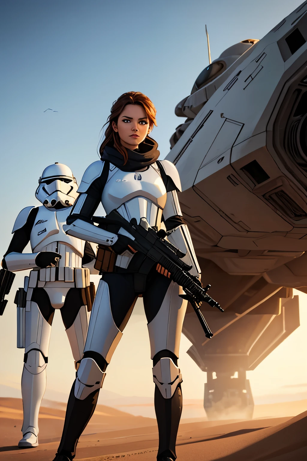 there is a woman holding a gun in front of a spaceship, hyperrealistic fantasy art, doom eternal, female stormtrooper, heaven planet in background, inspired by Jan Victors, in foreground boy with shotgun, orianna, grey orange, dune (2021) --ar 16:9 --v 5.1