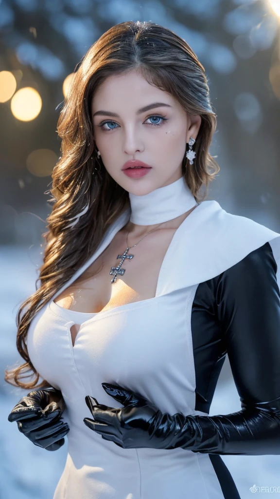 1 miniature Beautiful beautiful woman - Yuan Sayuki, ((top quality, 8K, Masterpiece:1.retty woman, 1 woman, huge breasts:1.3, a slim body:1.1, lush GINGER long hair with 2 buns, (shower, wet body, wet clothes:1.1), very detailed face, detailed lips, detailed eyes, double eyelids, Detailed blue eyes, чрезвычайно Detailed Outstanding Blue Eyes, long GINGER wet hair, GINGER wet hair, Detailed Outstanding Blue Eyes, innocent look at the viewer, very wet wavy white hair, Detailed Outstanding Blue Eyes, huge cross earrings, Outdoors, badges behind, gothic maid uniform,  sexy maid dress, bare chest, huge chest tattoo, detailed huge catholic cross earrings, chest tattoo, Outside, wear a silver cross (Detailed cross shape), reality mode, wet breasts, black necklace, human crowd behind, black latex gloves, hair of white snowy colour, night time, red neon lights, demonic nun, nimbus (golden lighting ring above her head), angel, snowy weather, sexy pose, white lingerie, black maid dress, detailed flower wreath made of different colours, open chest (tattoo on her chest)