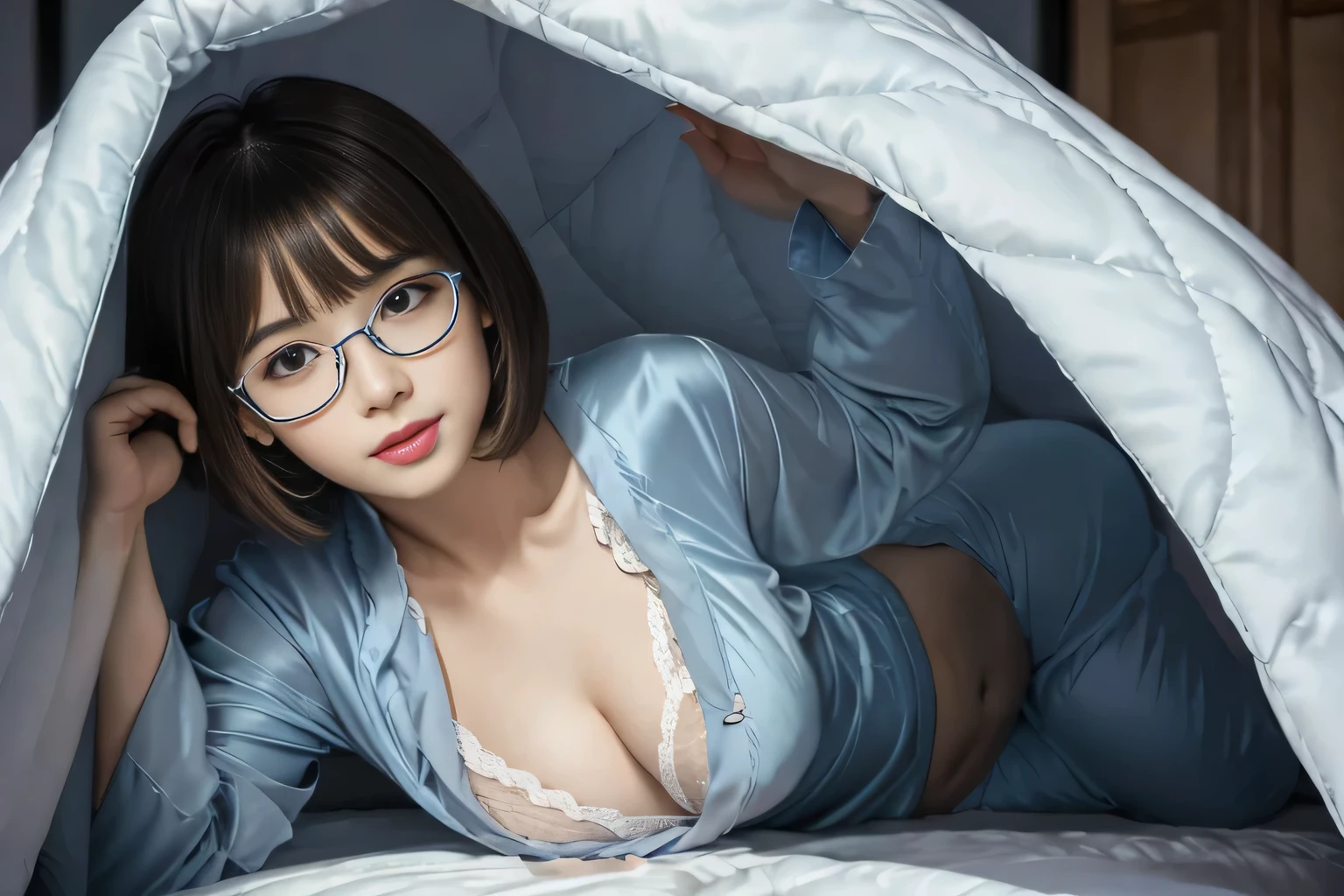masterpiece, best quality, ultra quality, high quality, realistic, photo realistic, warm lighting,natural lighting,cinematic lighting,RAW photo, hyper detailed, intricate detailed, perfect anatomy, Fujifilm XT3,1girl,Japanese,(slender body:1.5), (cleavage),(camel toe:1.2), (Brown very short Bobcut with swept bangs:1.4),(smile:1.2),(blushing:1.3),teary eyes, (naval), BREAK (wearing light blue silk pajamas:1.3), BREAK ((night:1.5)),(looking at viewer:1.3),(Glasses), BREAK (pose invited),(under covers),(white quilt:1.5),(White blanket:1.5),(braless:1.3),