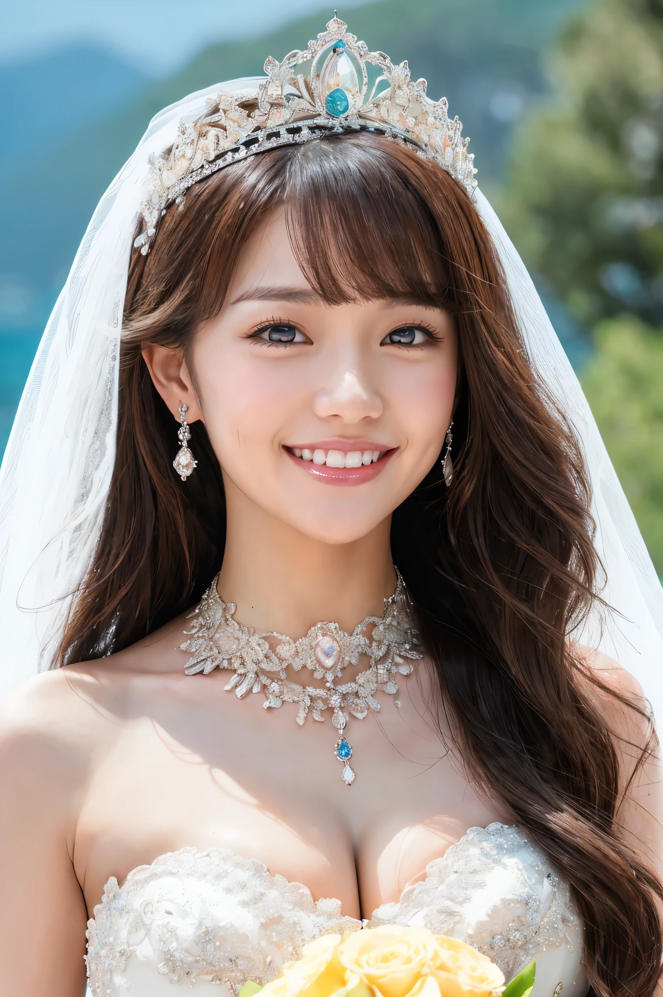 (highest quality、Tabletop、8k、Best image quality、Award-winning works)、One beautiful bride、(alone:1.1)、(The most extravagant and gorgeous huge wedding dresses:1.1)、(Perfect Wedding Lace:1.2)、(The most extravagant and luxurious giant tiara:1.1)、(The most extravagant and luxurious giant necklace:1.1)、The most beautiful smile is looking at me、A wide selection of the finest jewellery、(Bridal upper body photo:1.1)、Perfect Makeup、Long eyelashes、Ultra HD Shining Eyes、Ultra HD Hair、Ultra High Resolution Glossy Lips、Ultra High Resolution Perfect Teeth、Super high resolution beautiful face、(Accurate anatomy:1.1)、(Very bright and beautiful skin:1.2)、(very bright and vivid:1.2)、Gorgeous wedding venue backdrop