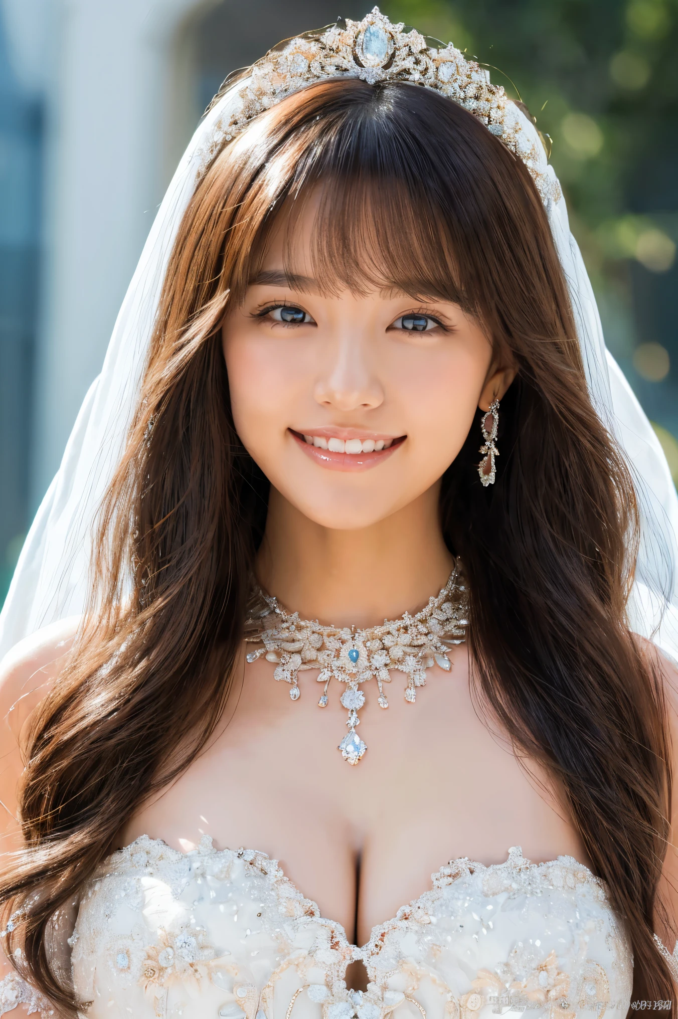 (highest quality、Tabletop、8k、Best image quality、Award-winning works)、One beautiful bride、(alone:1.1)、(The most extravagant and gorgeous huge wedding dresses:1.1)、(Perfect Wedding Lace:1.2)、(The most extravagant and luxurious giant tiara:1.1)、(The most extravagant and luxurious giant necklace:1.1)、The most beautiful smile is looking at me、A wide selection of the finest jewellery、(Bridal upper body photo:1.1)、Perfect Makeup、Long eyelashes、Ultra HD Shining Eyes、Ultra HD Hair、Ultra High Resolution Glossy Lips、Ultra High Resolution Perfect Teeth、Super high resolution beautiful face、(Accurate anatomy:1.1)、(Very bright and beautiful skin:1.2)、(very bright and vivid:1.2)