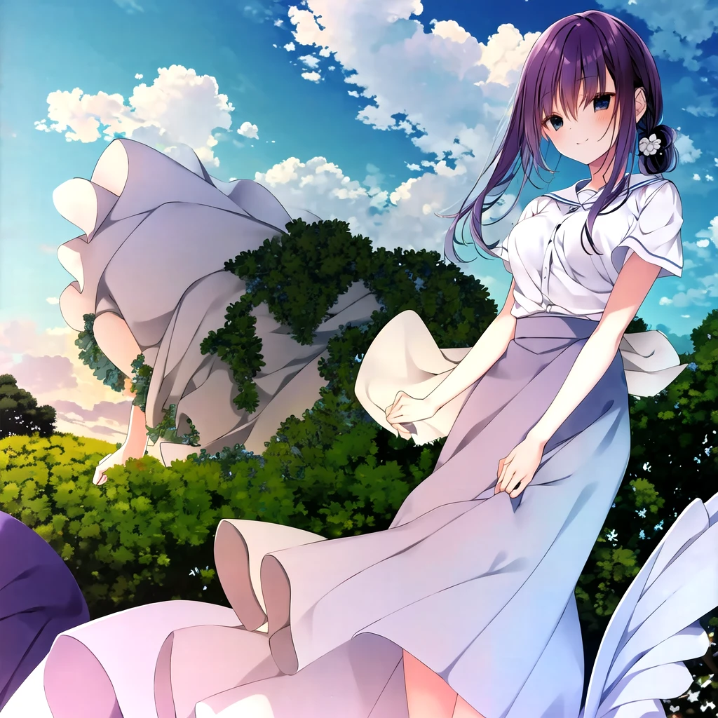masterpiece, best quality, 1girl, solo, outdoors,blush, looking at viewer, smile,grass,bangs,sky, blue sky, cloud, medium breasts, hair between eyes, purple hair, blue eyes, arms behind back,white shirt, serafuku,white skirt,simple clothes, side ponytail,long hair,
