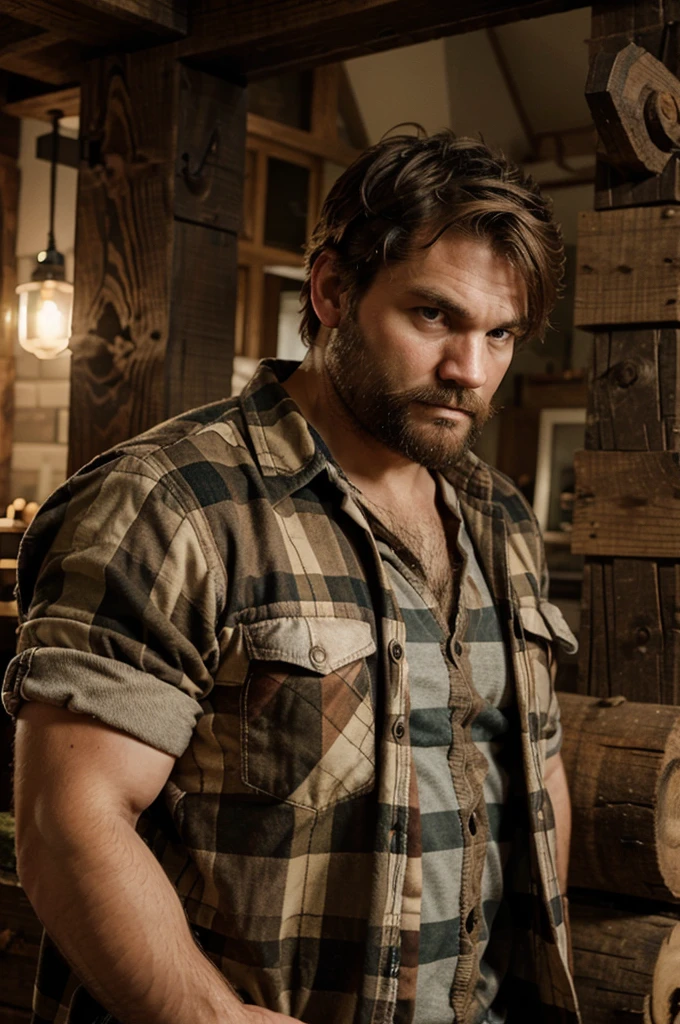 Rustic lumberjack man concentrated and motivated