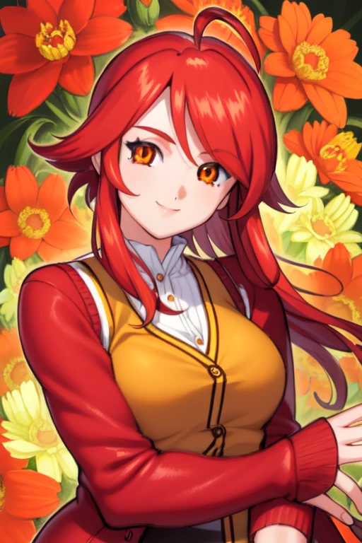 upper body,  solo, 1girl, looking at viewer, smile, blush, medium breasts, red hair, ahoge, orange eyes, beautiful detailed face, ultra detailed eyes, red cardigan vest, sunbeam, Cymbidium \(flower\), floral background 