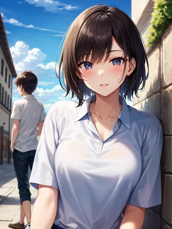masterpiece、High resolution、high quality、High resolution、young woman、Short Hair、Beautiful Lips、Courting face、near、Polo shirt、blue sky