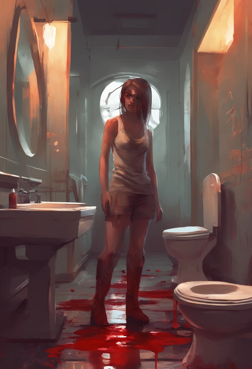 Girl in bathroom looking to the camera with a sad smile, blood on the floor, mirror broken, panoramic view, cinematic