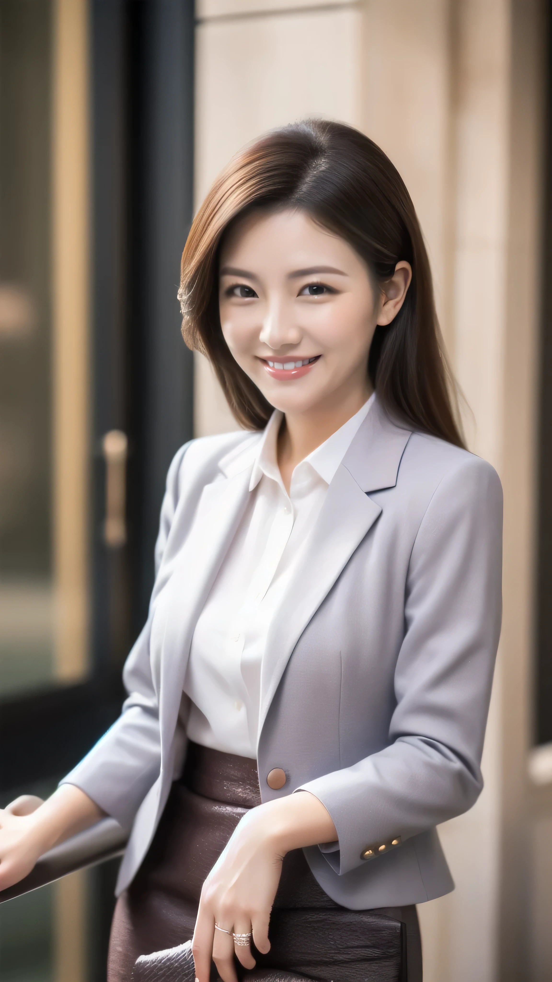 Married Woman's Face、30 years old、Middle-aged women、Business jacket、skirt、Beautiful legs、High quality、Ultra-realistic、A cheerful smile、Married woman's body type、Japanese Wife、 Perfect Eyes、Radiant Skin、In a crowded train