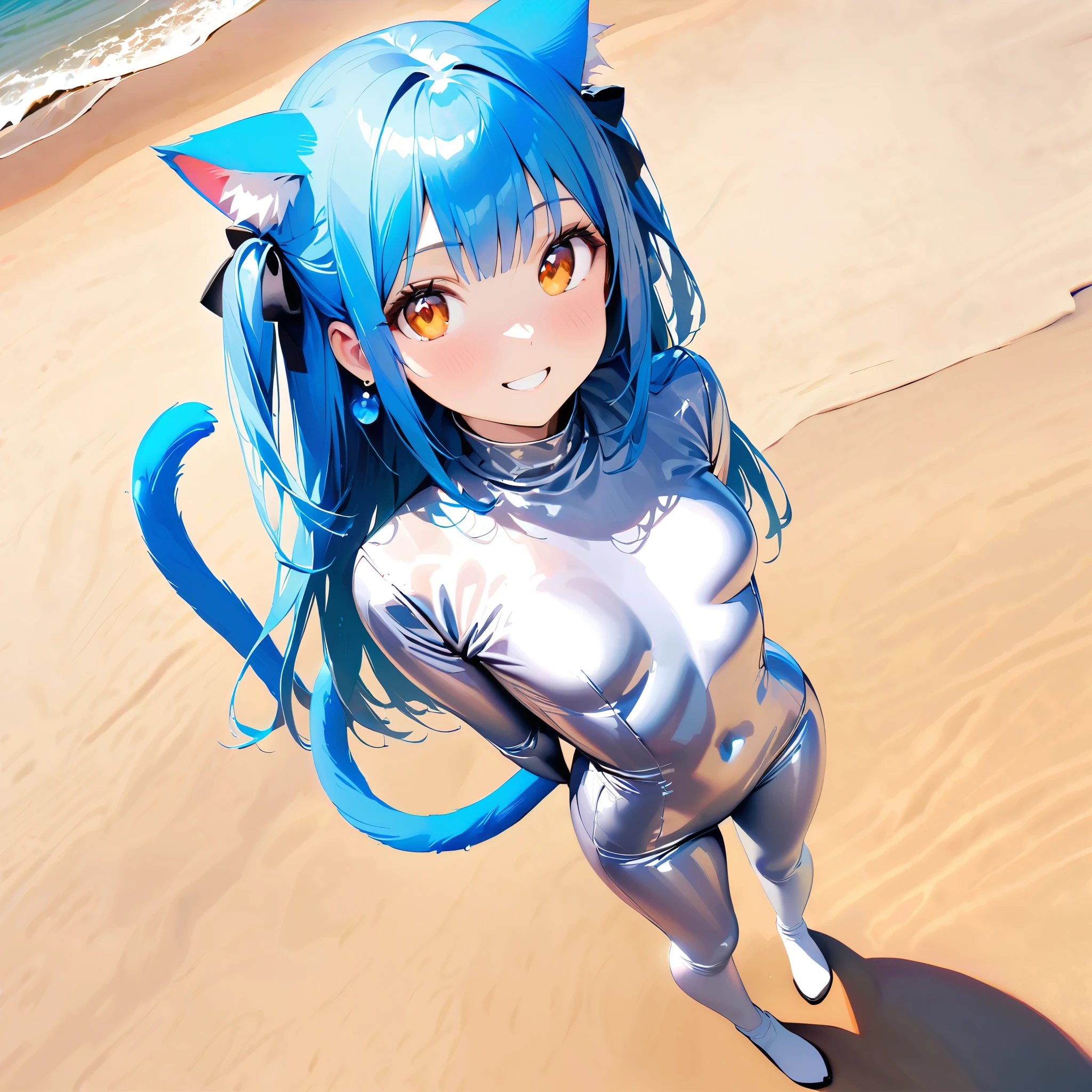 (Masterpiece, Super photo realistic, Super details, Super Highest Quality, Super Highest Quality), super cute and beautiful girl, blue hair, cat ear, cat tail, (Splashing water droplets), a girl standing in the sea:1.5, bow, half Turn around body and looking up at viewer, 1girl, slim waist, Japanese gal make up, ((ultimate realistic 15 years old cute Asian girl)), (tanned shiny skin:1.6), (very fine orgasming smile:1.5), (lite brown hear, half down two side up hair style, Straight hair type, Dark brown eyes, many earring pirs), (Smooth and seamless shiny white full body cat suit:1.3), (Glossy latex clear full body suit:1.1), beautiful face detail, Japanese Girl