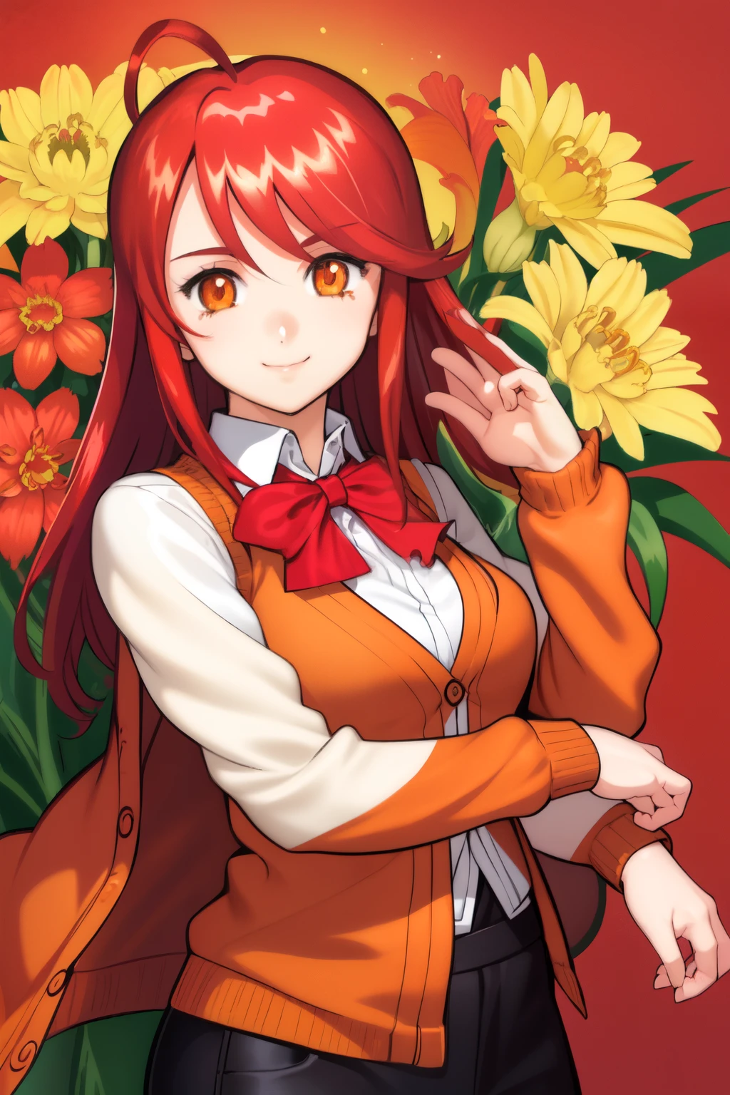 upper body,  solo, 1girl, looking at viewer, smile, blush, medium breasts, red hair, ahoge, orange eyes, beautiful detailed face, ultra detailed eyes, red cardigan vest, sunbeam, Cymbidium \(flower\), floral background 