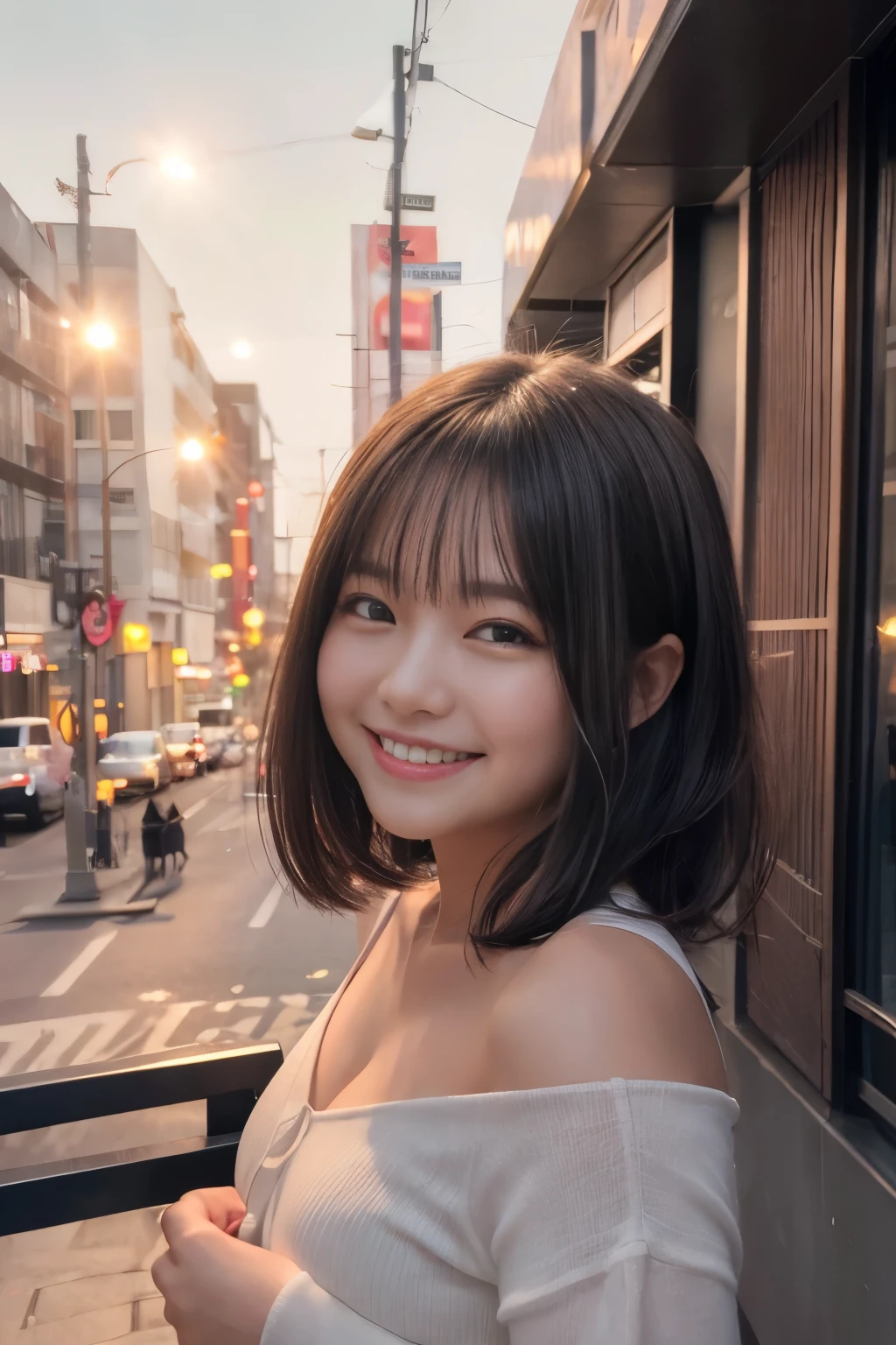highest quality, masterpiece, Ultra-high resolution, (Reality: 1.4), Original photo, One girl, mature, happy smile, short hair, plump body, , Cinema Lighting, from below,