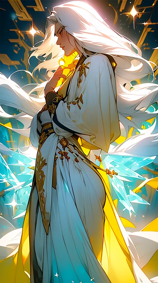 Libido boy，Young men，Super detailed wallpaper，Hi-Def，Best Quority，Snow and ice theme，Photorealistic photorealism，s fractal art，With light particles and volumetric light effects，crystal shards，Rendering，Ice and snow scenes，（crystal hair），Land of gems，（（（Transparent hair））），Simple white clothes，long white robe，holy glow，Dingdall effect