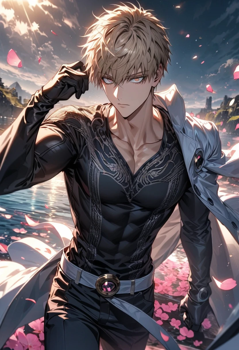 Ultra detailed, Highres, absurdres, HDR, Genos, ash blond hair, expressive golden eyes, white long coat with patterns, One Punch Man, pink flowers, petals, handsome, sexy man, solo, very detailed eyes and face, water, black pants, pink butterflies, black tight t-shirt, master piece, toned chest, black gloves