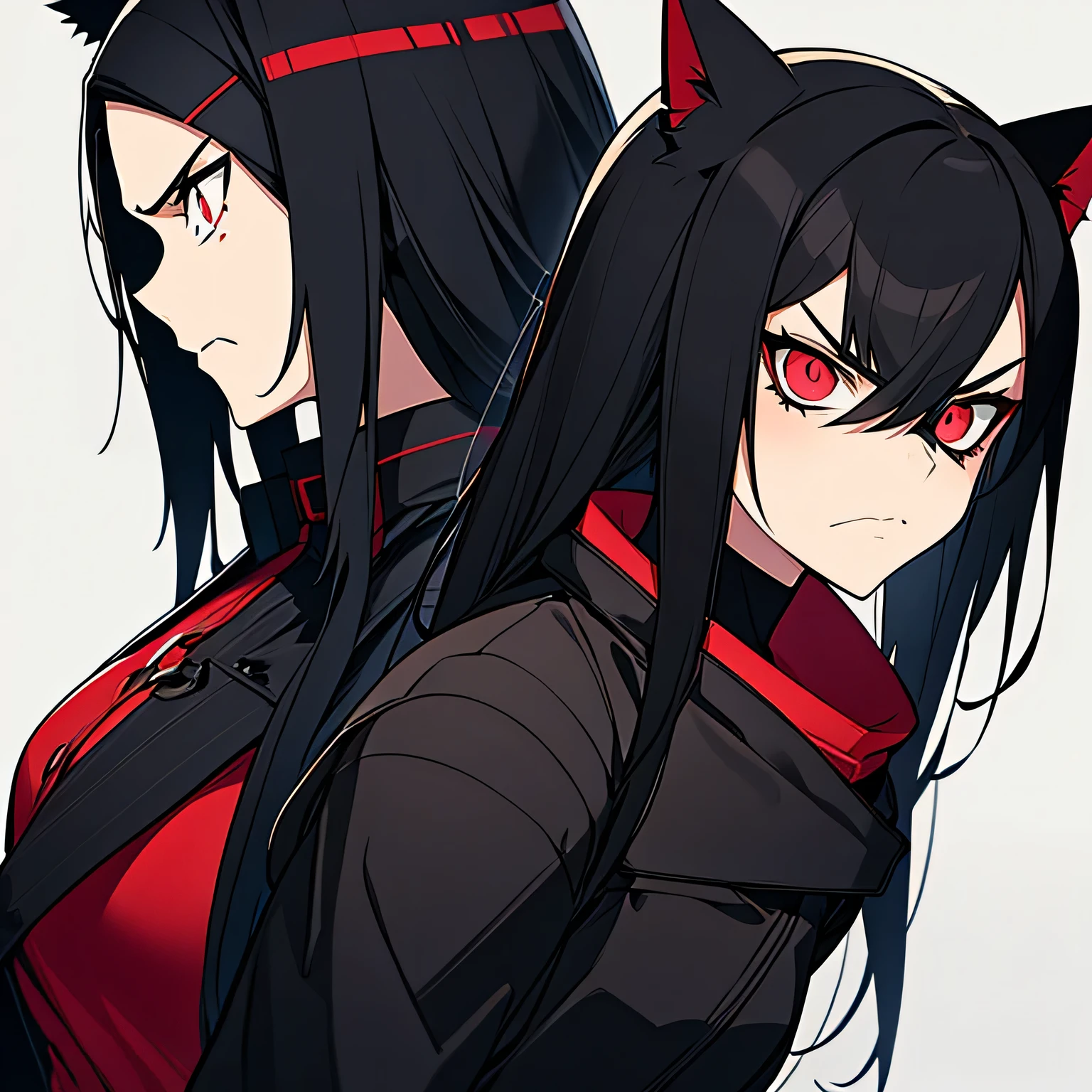 A young woman with black hair, scarlet eyes, eye patch, old black clothing, black leather belts, serious threatening face, serious threatening appearance, fake cat ears, looking to the right, colored manga style