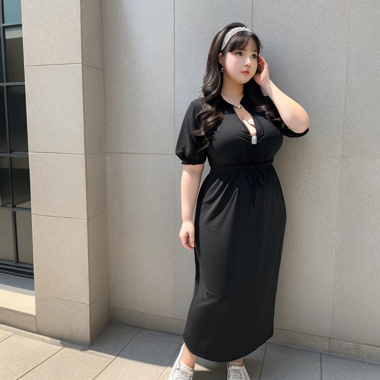 ((masterpiece)),((highest quality)),((Attention to detail)),((Realistic,)) Chubby woman with fat belly and toned thighs, whole body, 26 years old, Thick waist, Thick neck, Thick chest, Big eyes, One-piece dress with sleeves,Black clothes,Long Hair,Loose-fitting clothing,Height: 150cm,Weight 67kg