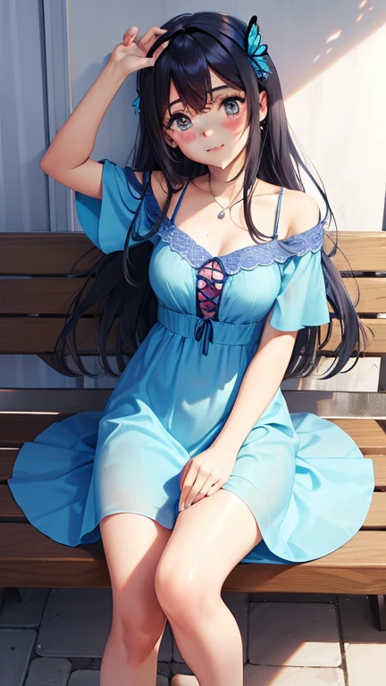 unas mujeres, mariposa azul, pelo azul, ojos rosados, vestido rosa
