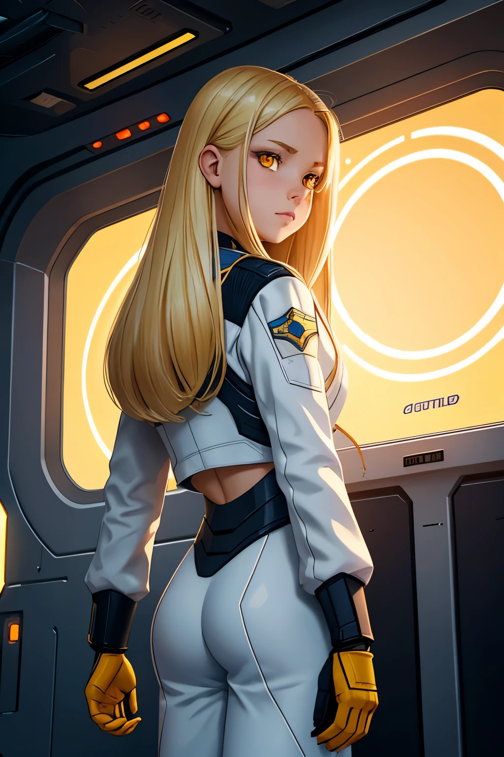 (young girl, 12 years old, blond hair, photorealistic, pale skin), (yellow (eyes:1.2)), (slim build:1.3), (fantasy space suit), beautiful face, symmetrical face, Greg Rutkowski, wlop and Sam Kuvshinov, (long hair), blond eyelashes, large iris, large pupil, full body, standing on the background of the cosmodrome, artstation, 8k, science fiction, pastel colors, props, panel, concept, futuristic, gribble, simon stalenhag, space, in outer space, a spaceship in the sky, technological blocks