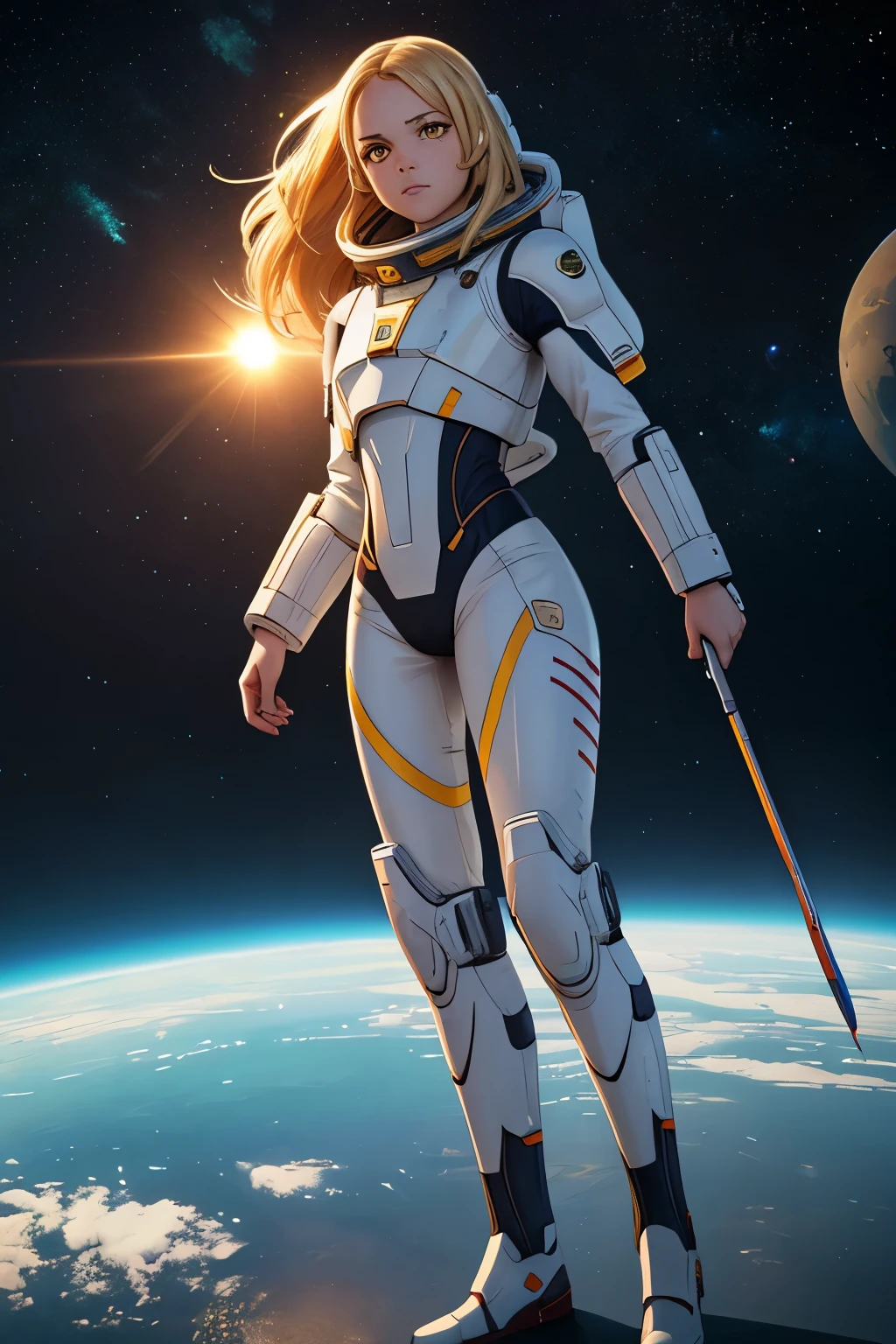 (young girl, 12 years old, blond hair, photorealistic, pale skin), (yellow (eyes:1.2)), (slim build:1.3), (fantasy space suit), beautiful face, symmetrical face, Greg Rutkowski, wlop and Sam Kuvshinov, (long hair), blond eyelashes, large iris, large pupil, full body, standing on the background of the cosmodrome, artstation, 8k, science fiction, pastel colors, props, panel, concept, futuristic, gribble, simon stalenhag, space, in outer space, a spaceship in the sky, technological blocks