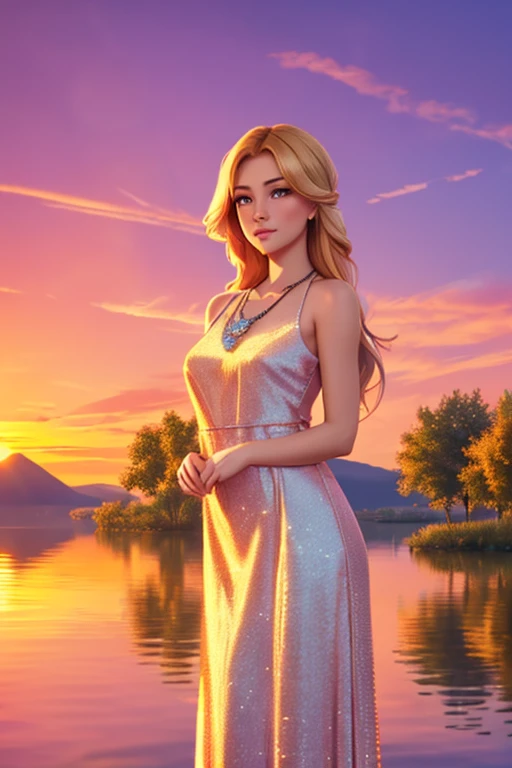 1 girl, serene expression, mesmerizing eyes, straight long hair, flowing dress, poised posture, porcelain skin, subtle blush, crystal pendant BREAK golden hour, (rim lighting):1.2, warm tones, sun flare, soft shadows, vibrant colors, painterly effect, dreamy atmosphere BREAK scenic lake, distant mountains, willow tree, calm water, reflection, sunlit clouds, peaceful ambiance, idyllic sunset, ultra detailed, official art, unity 8k wallpaper , zentangle, mandala 