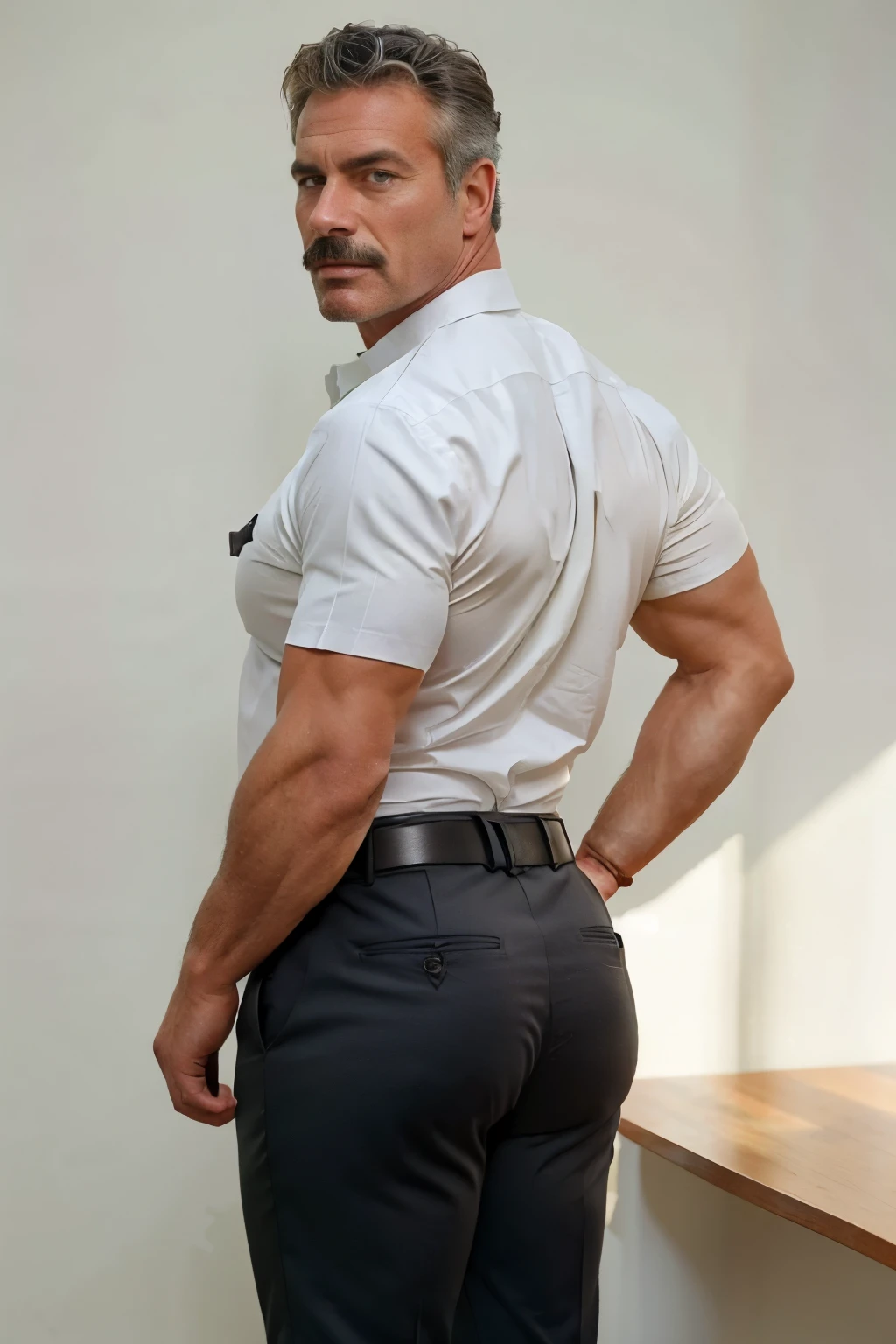 age 60, white man police detective with a mature, backside, kind demeanor, strong and muscular yet chubby build, mustache, wearing dress pants and a buttoned-open translucent shirt that reveals a hairy chest and a noticeable bulge, wearing detective badge on belt, giving off a hint of a horny yet disgusting aura, completing the look with comfortable loafers. Thong backside backside