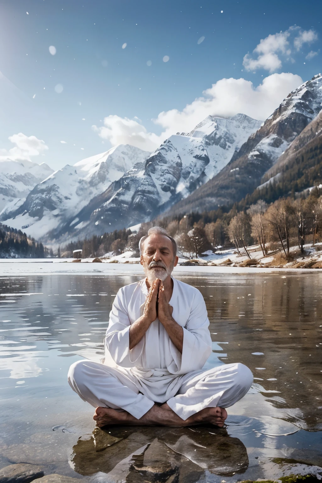 A stunning photo of a calm handsome old yogi man effortlessly floating in a meditative state. He is dressed in a simple white robe, his eyes closed in serenity, and his hands rest on his legs. The background shows a serene landscape of snowing high mountains. The overall atmosphere of the image is one of tranquility and balance, photo