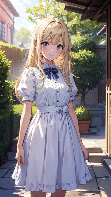 (obra maestra、de primera calidad、lightning、calidad extremadamente alta、calidad de imagen de alto nivel、Escritura extremadamente sensible)Blonde girl standing in a beautiful garden、una leve sonrisa、ella tiene un ramo grande、Lindo vestido estilo traje nacional.,Hay volantes en los hombros.、cabello ondeando al viento