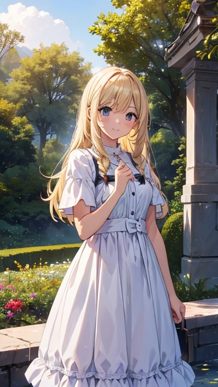 (obra maestra、de primera calidad、lightning、calidad extremadamente alta、calidad de imagen de alto nivel、Escritura extremadamente sensible)Blonde girl standing in a beautiful garden、una leve sonrisa、ella tiene un ramo grande、Lindo vestido estilo traje nacional.，Hay volantes en los hombros.、cabello ondeando al viento