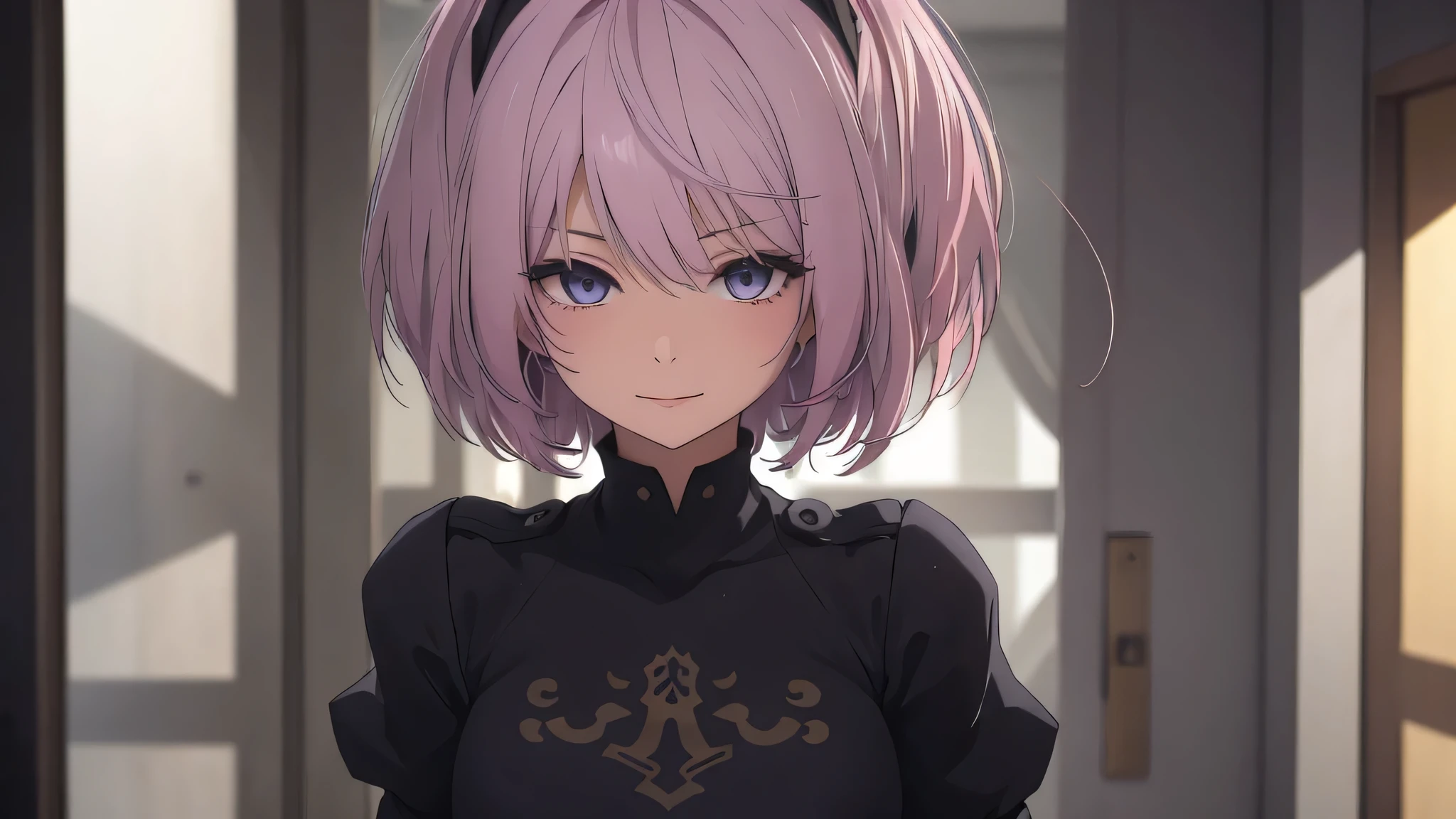 extremely detailed CG unity 8k wallpaper), (masterpiece), (best quality), (ultra-detailed), (best illustration), (best shadow), (absurdres) ,(detailed eyes), 2b, 1girl, mix purple and pink hair, solo, Intimidating women, admiral uniform, night, hero pose, white clothes, General Uniform, Military Uniform, Sunlight, exposed to sunlight, apartment background, laughing, happy face