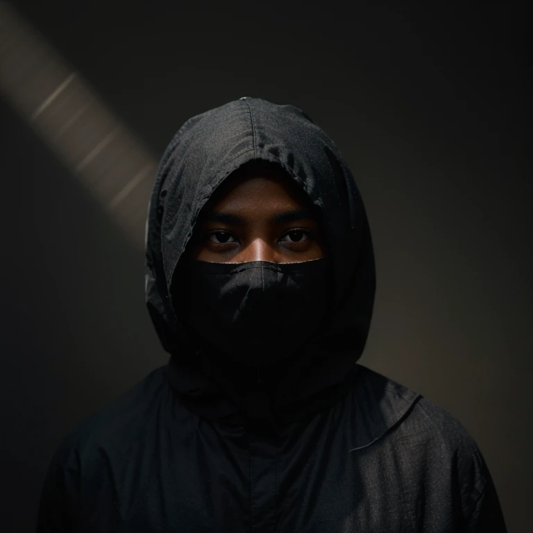 "Create a digital painting that captures the essence of mystery and anonymity. The artwork should feature a dark skinned black man whose face is shrouded in darkness, with only faint glimmers of light hinting at their features. The background is to be a deep, impenetrable black, with subtle gradations of light creating a sense of depth and intrigue. The overall mood of the piece should evoke a feeling of curiosity and the unknown, as if the viewer is peering into a secret world just beyond their grasp."