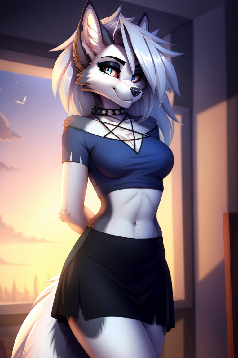 By zinfyuu on pixiv,by twistedscarlet60, uploaded on pixiv, by fluff-kevlar, (masterpiece), (best quality), (anthro furry:1.3, snout:1.2, anthro:1.3, furry:1.2, solo female:1.2), (extremely detailed:1.3), (Detailed eye part: White lens, red iris,black cornea), tall, slim body, sweet smile, wear Black tshirt and long skirt, loona