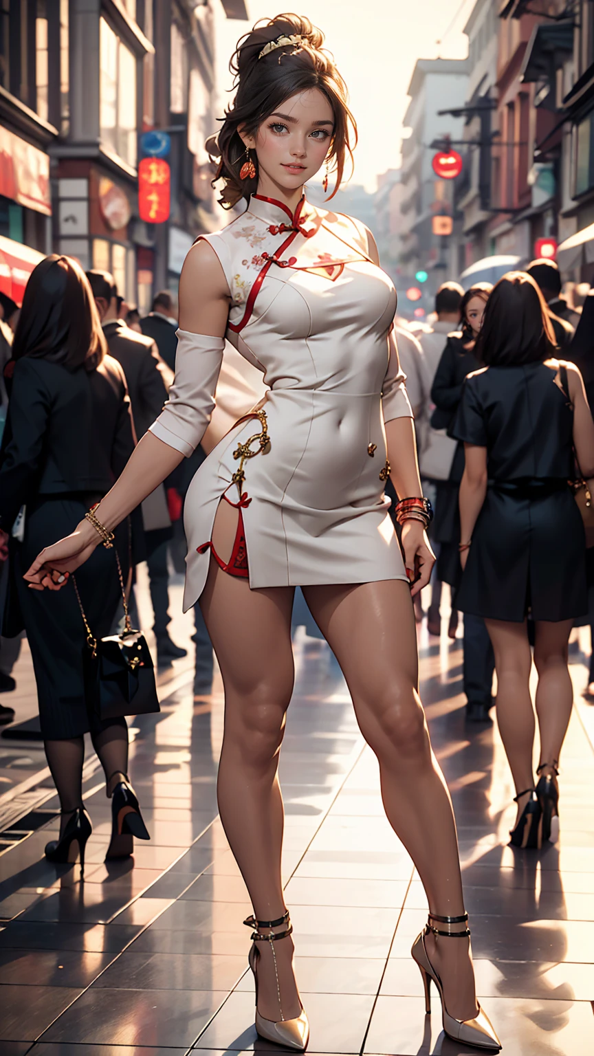 8K, RAW Photos, highest quality, masterpiece:1.2), (Realistic, photo-Realistic:1.37)、Earrings, eyelash, pantyhose、セクシーな刺激的なsmile、 (Shiny skin:1.05)、Venus Body、Thin waist、Having her hair done、My chest is popping out、Wear accessories on your wrist、Wearing accessories on the ankle、Background blur((depth of field)、23 year old white female、Cheongsam Wear、The slit is deep、Wear stiletto heels、Place hands on hipodel pose、smile