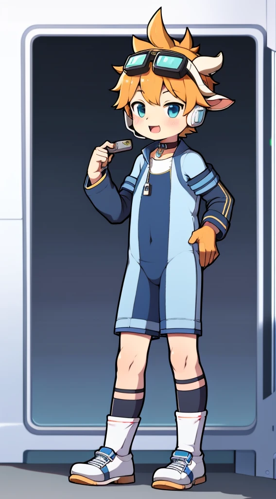 Two-dimensional boy，One-piece mountaineering suit，trumpet，Cow ears，Put the headphones on your head，stand up，goggles，sports shoes，Slim，Happy，Sailor collar