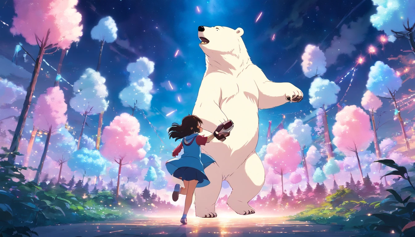 night with many stars surrounded by cotton candy, cotton candy forest,
a polar bear dancing alone, anime style