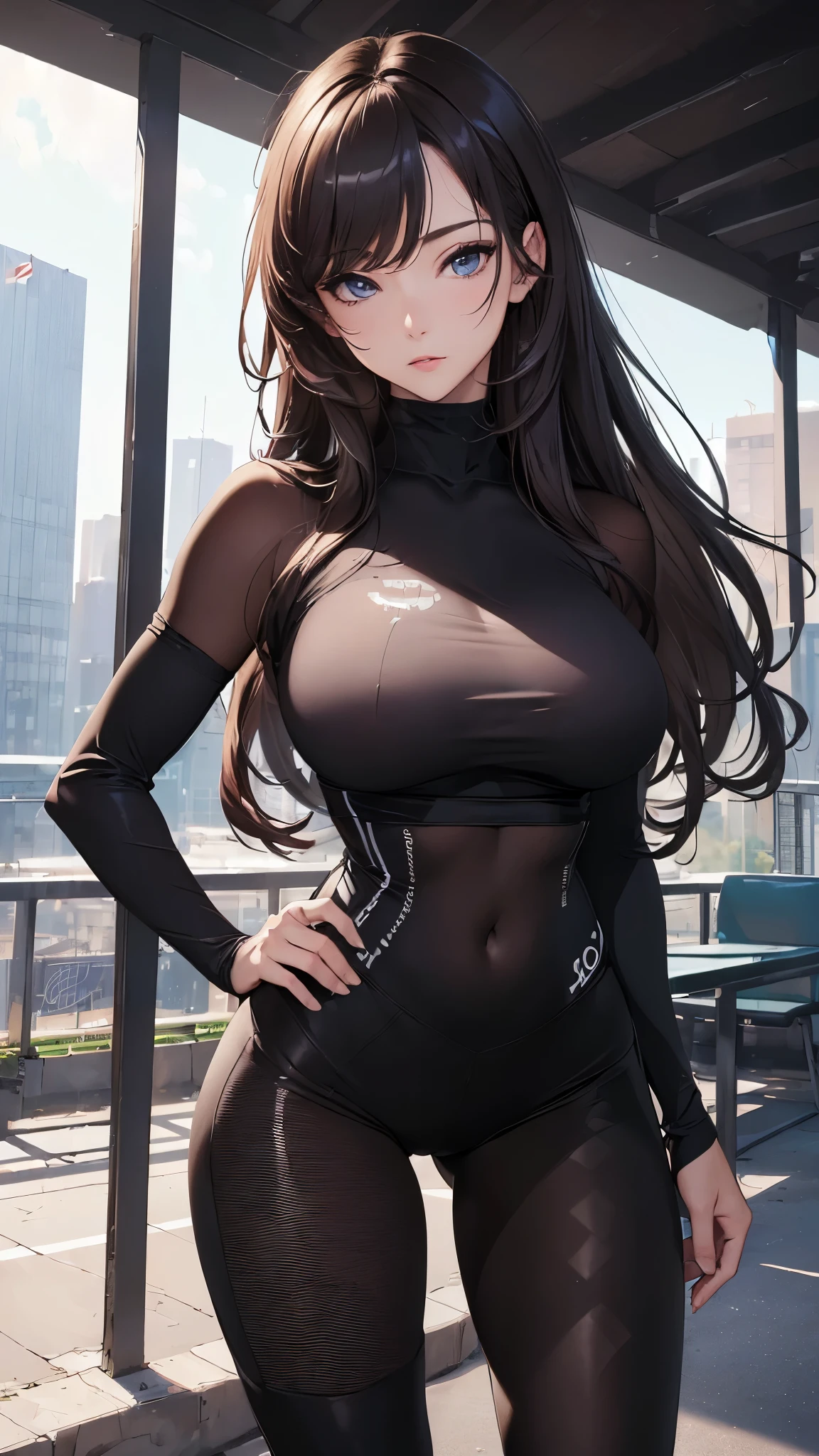 (((masterpiece))),(((High resolution)))、(((8K quality)))、(((perfect face)))、(((Beautiful woman))), ((sports tights)), ((top quality eyes)), detailed face, (detailed texture), look at the camera, big tits
