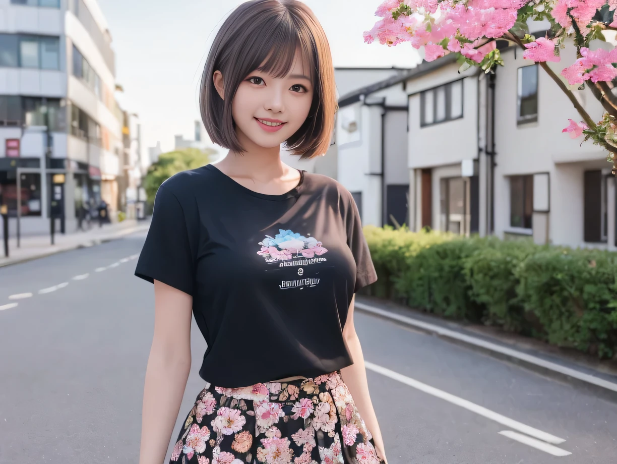 Product quality, One girl per photo, Cowboy Shot, Front view, Young and pretty girl in Japan, Long Bob Hair, Wearing a wedding ring, Standing on a hill in the suburbs,Wearing a black T-shirt, ((mini skirt))、 The London skyline in the background, Super cute face, Glossy Lips, Double eyelids on both eyes,shiny smooth light brown hair of Long Bob Hair, Asymmetrical bangs, Sunburned skin, Center image, 8k resolution, Attention to detail, Detailed hairstyle, Detailed face, Cinema Lighting, Octane Rendering, Ultra-realistic, Perfect limbs, Perfect Anatomy、((8K))、((Floral clothes))、((furubodｙ))、((smile))、((Large Breasts))、