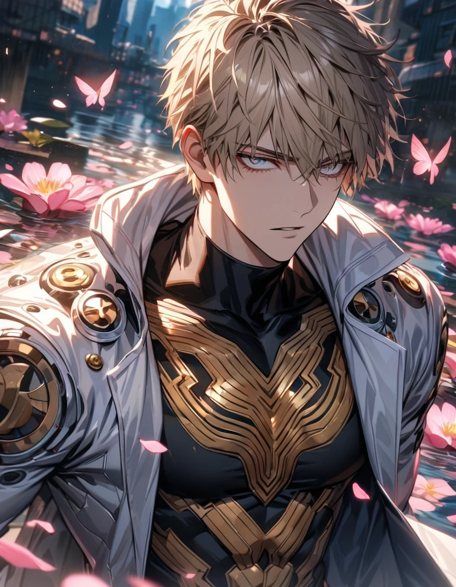 Ultra detailed, Highres, absurdres, HDR, Genos, ash blond hair, expressive golden eyes, white long coat with patterns, One Punch Man, pink flowers, petals, handsome, sexy man, solo, very detailed eyes and face, water, pink butterflies, black tight t-shirt, master piece, toned chest,