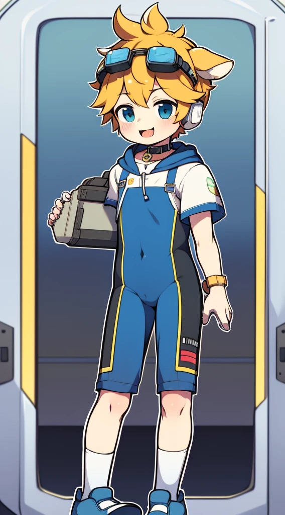 Two-dimensional boy,One-piece mountaineering suit,horn,Cow ears,Put the headphones on your head,stand up,goggles,sports shoes,Slim,Sailor collar,Knee socks,Short sleeve,Leg ring,cute,happy