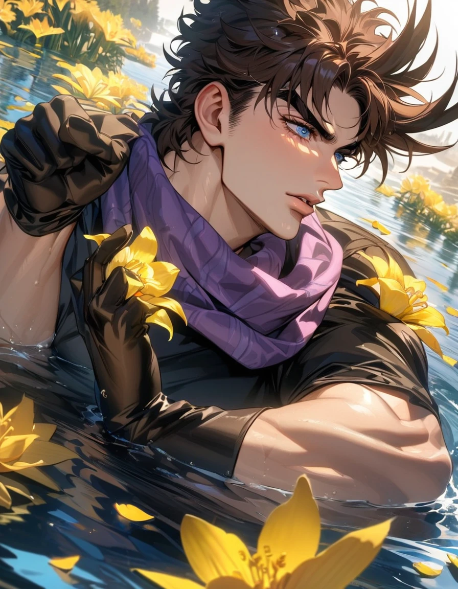 absurdres, highres, ultra detailed, HDR, master piece, best quality, Joseph Joestar, brown hair, expressive blue eyes, jojo bizarre adventure, solo, sexy man, handsome, black clothes, purple scarf, black gloves, water, yellow butterflies, yellow lilies, petals