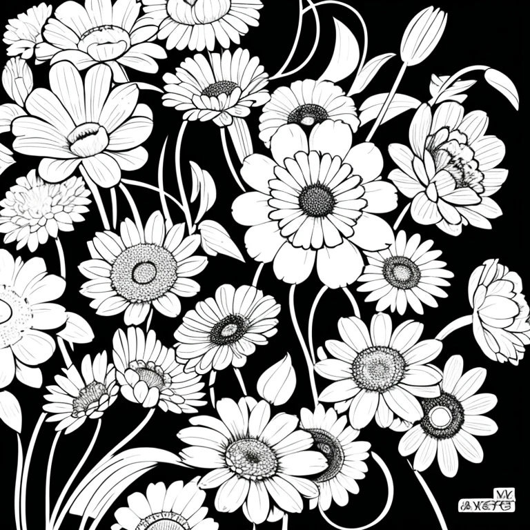 Midcentury Modern Flowers々In the background with、Draw 10 black and white line drawings to color with positive messages