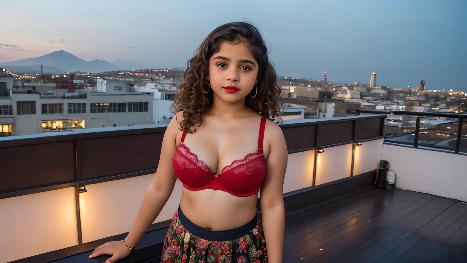 ((One desi  Pakistani girl, school dress , ((( round big breast ))) , semi curvy, small waist, ((wearing bra)), (Laia Manzanares) (Tween model, 8 years old, Ethereal beautiful, slim, , ((Burnett long extreme curly hair, hezel eyes, small waist, , Soft light, full body picture, red lipstick)), masterpiece, (standing on a rooftop bar), Best Quality, Photorealsitic, 8K, High resolution, Detailed skin, 8K UHD, Digital SLR, Soft lighting, High quality, Film grain, FUJI XT3,