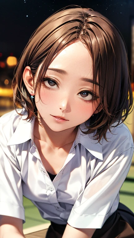 (Top quality masterpiece:1.2) Delicate illustrations, Very detailed, /Beautiful Japanese Woman、1 person,Very cute and slim、Excellent style 、((8K images、super high quality))、Very delicate face, Beautiful forehead、Bright red lipstick,(((((short hair、Light brown hair、Blonde hair))))),very cute、Kind eyes,((((White Shirt、skirt、Underwear is visible))))、starry skies、Tokyo night view