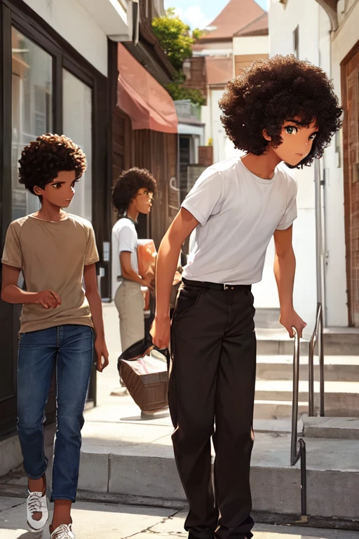 (Boy),(teenager ************),(young),(light brown skin color),(bright brown eyes),(average physical height of a teenager),(short black curly hair Brazilian Afro style)