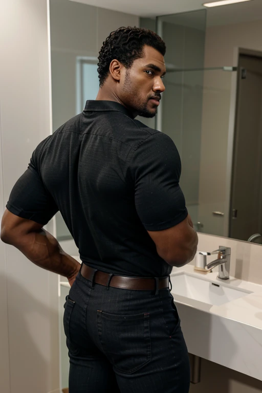 Un hombre negro con la cara se parece a Henry Cavill. Black man, Su cuerpo es musculoso y pe barba dentada. Big butt, in a moment of reflection. Full body. Camisa Fajada, ropa semi formal color claro, backside.