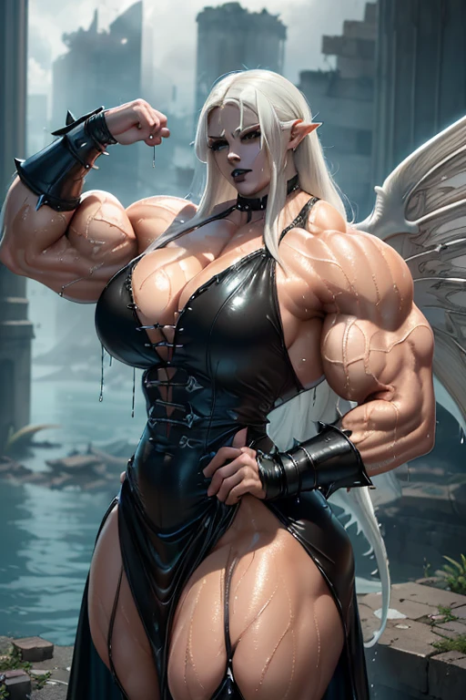 (((((Massive tall, beautiful, buff, wet, light brown skinned muscular woman with wet white hair, black lipstick, giant wings, ginormous bulky muscles and wearing a gothic minidress))))), ((close view)), (massive muscles), massive biceps, hyper muscle shoulders, (close view), hyper muscle triceps, (long hair), blue eyes, choker, (giant angel wings), (chain belt), black boots, (minidress), (spiked gauntlets), (white smoke and white fog surrounding the body), (on top of a dilapidated building surrounded by water in a destroyed city), cocky smirk, night, hyper vascular arm, hyper muscles arms, hyper muscle legs, ginormous arms