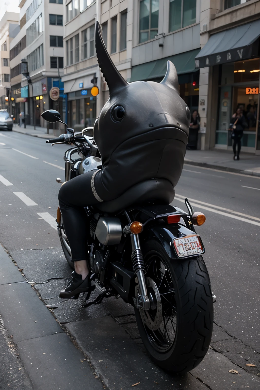 The shark animal only has legs and is riding a motorcycle 3d illustration