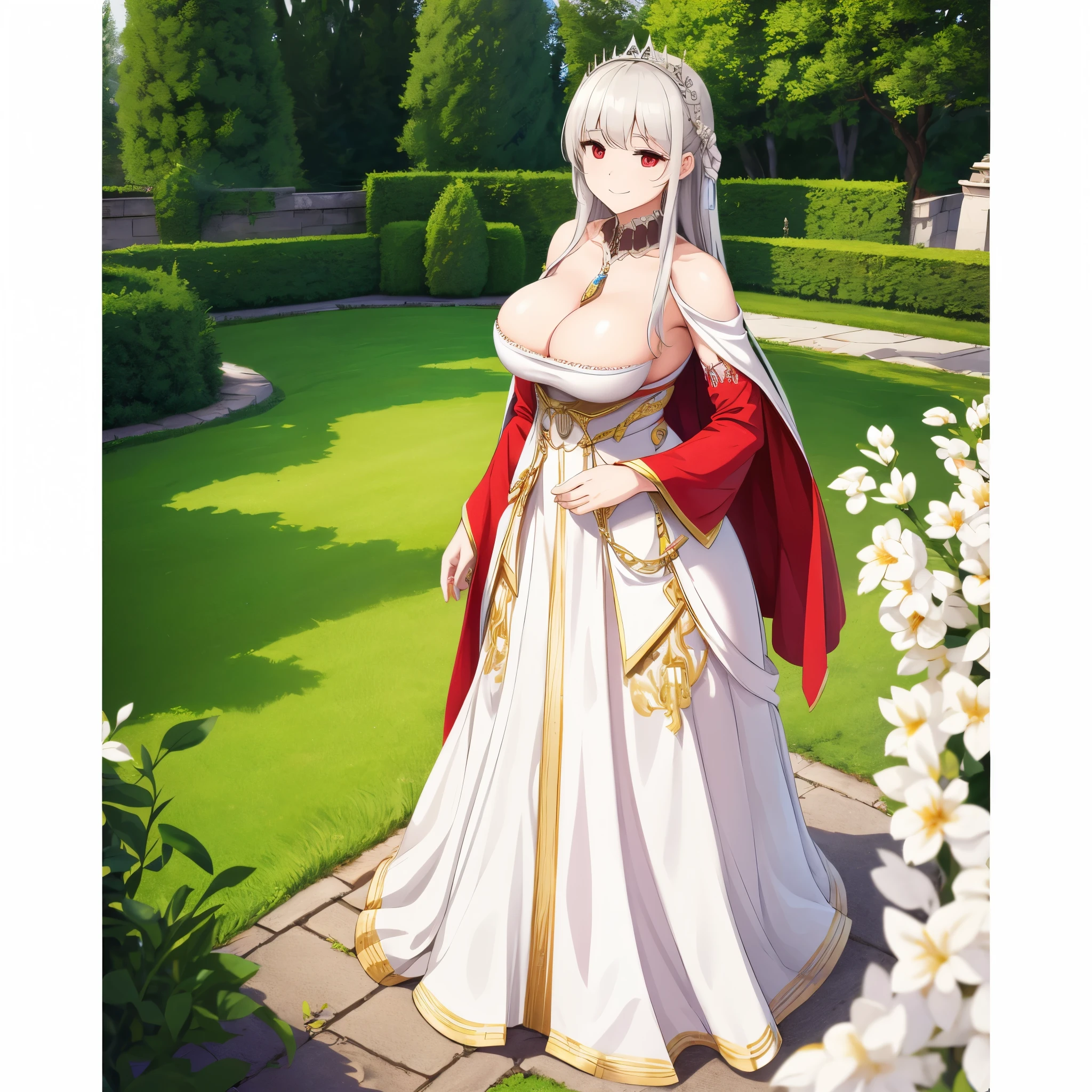 A woman wearing a long silver maiden's dress with gold details, long silver hair, red eyes, big breasts, walking in a luxury medieval garden, background medieval castle, daytime place, smiling, full body, surrealism, drop shadow, anaglyph, stereogram, tachi-e, pov, atmospheric perspective, depth of field, cinematic lighting, hyperrealism, 8k, super detail, precise, best quality, textured skin, high resolution, best quality, 8k, high details, UHD, bokeh effect. ( solo woman)