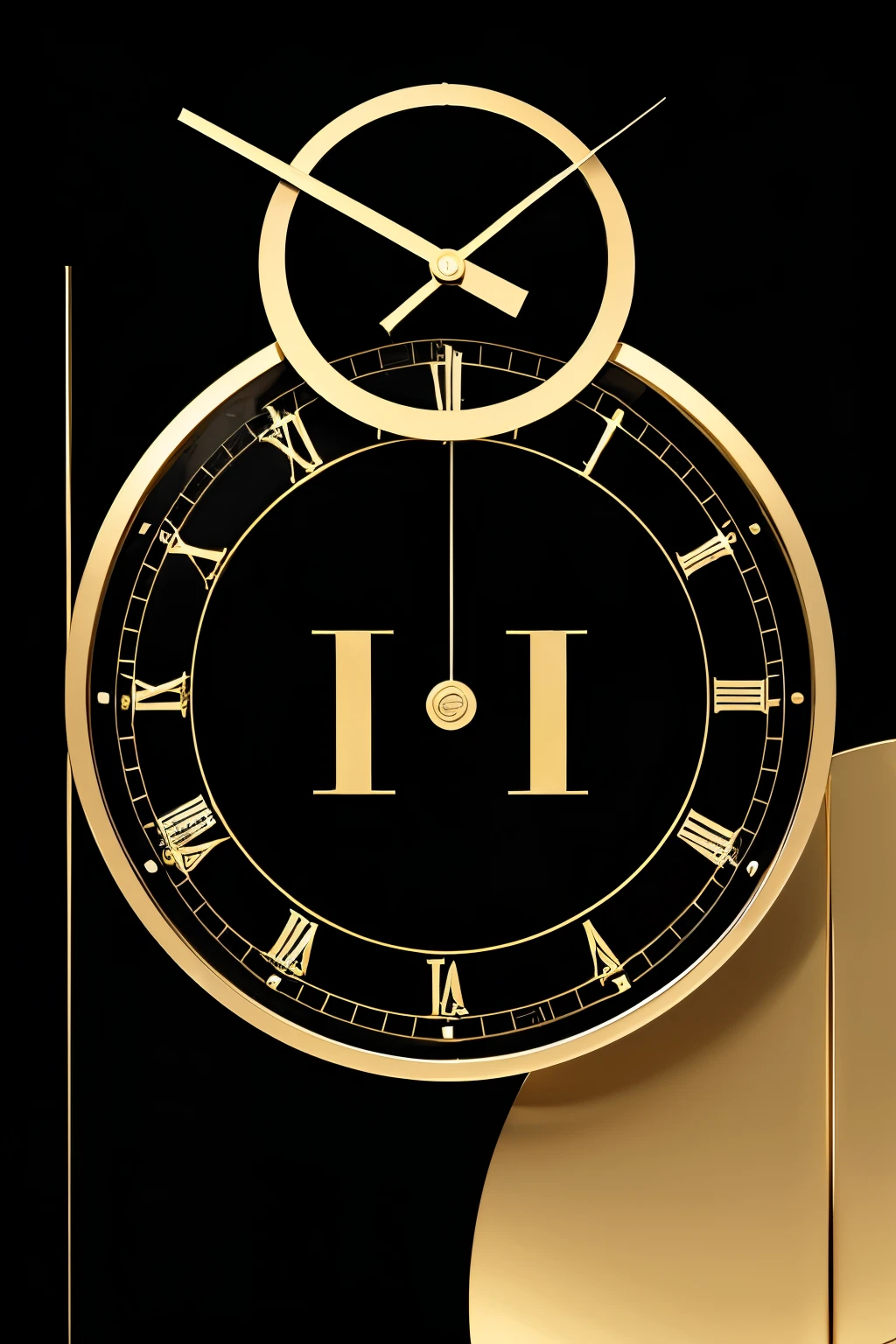 Create a clock with Roman numerals on a gold and black background。The clock hands pointed to "3",Suggesting that the time might be midnight or early morning。The design of the clock is very modern,With smooth lines and smooth edges。
