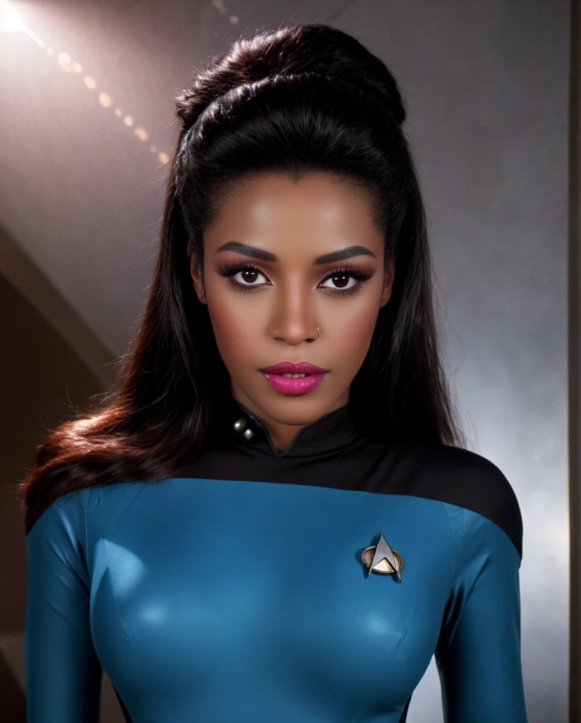 beautiful detailed eyes,dark skin,black hair,longeyelashes,nicely styled hair,confident expression,star trek universe,sci-fi,blue sttldunf uniform,regulation starfleet insignia,futuristic background,highres,vivid colors,studio lighting,physically-based rendering