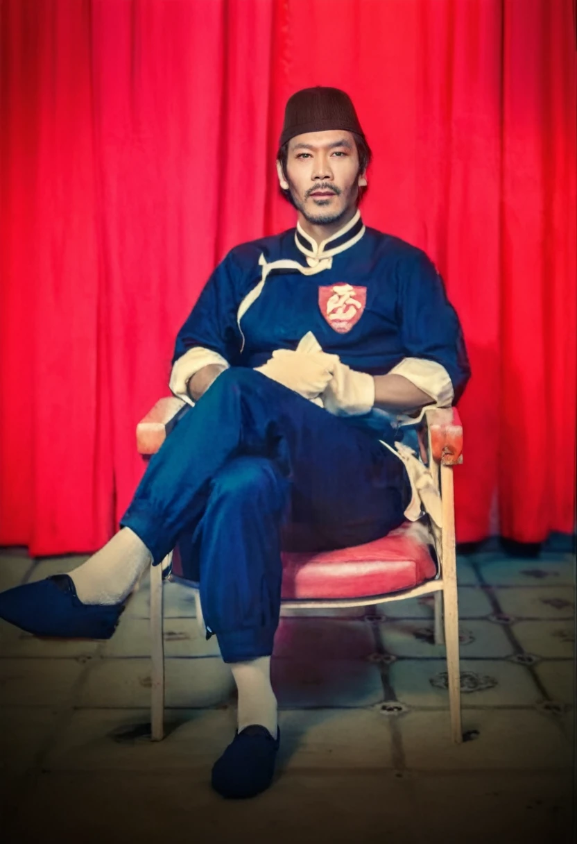 Make a hyperrealistic photo of a handsome 40 year old Indonesian man wearing a black skullcap. black wushu suit with white shirt trim and white buttons. Long-sleeved wushu shirt, sleeves folded near the elbows, white edges & buttons. wearing a red satin belt, the ends of the belt are forked, tied at the right waist. Plain black jogger pants. white socks, traditional kung fu slip-on shoes. Sit back on a red chair in the middle of the room near the red curtains on the wall. left leg crossed with right leg. facing the camera. the whole body is visible. background inside the house. red curtain, center .ultra-hd.hd.65k