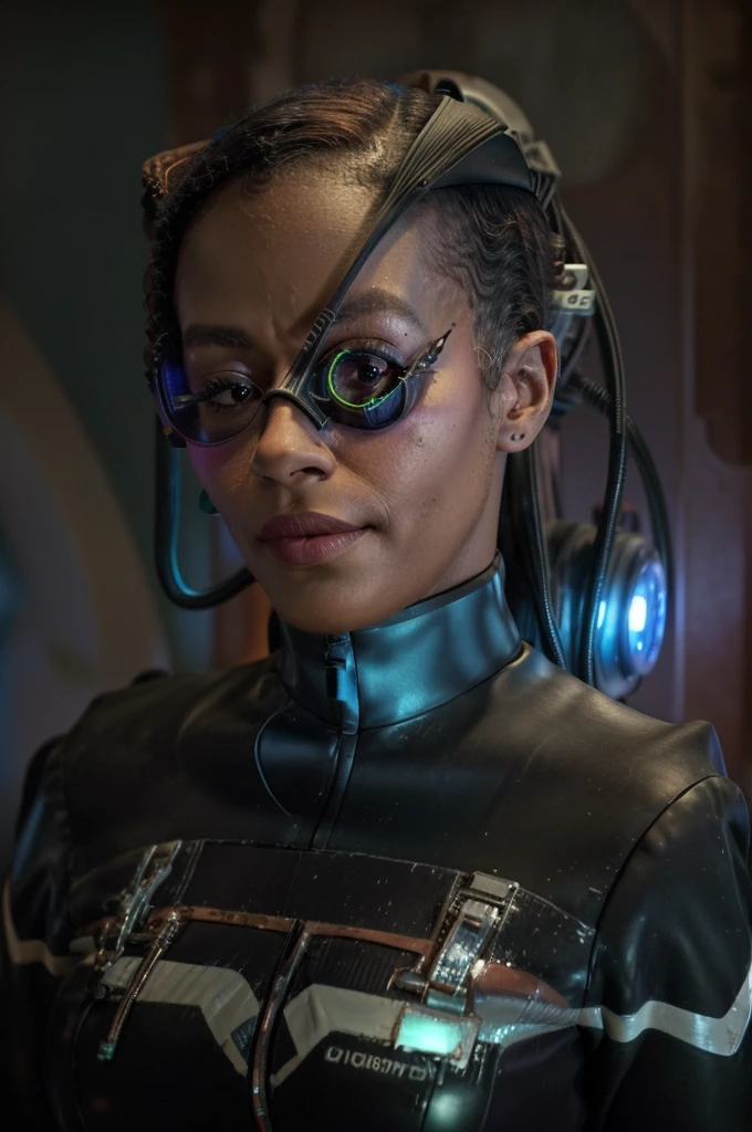 Black woman wearing blue sttldunf uniform,veins,borg,eyepatch,cable,luma,rosalina,detailed face,detailed eyes,detailed lips,metal texture,sci-fi,glowing lights
jamesdaly artstyle,